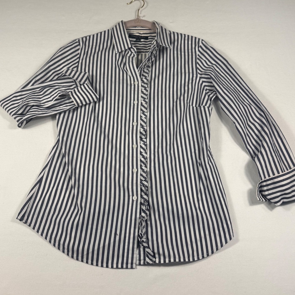 Banana Republic Riley Shirt 4‎ navy grey White Striped Ruffle Front Button Down